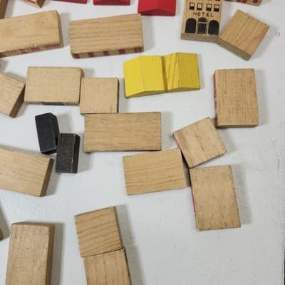 Vtg Playskool Village Wood Blocks Buildings Cars Train Trees Plastic Mat 75pcs - Thumbnail 10