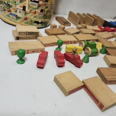 Vtg Playskool Village Wood Blocks Buildings Cars Train Trees Plastic Mat 75pcs - Thumbnail 14