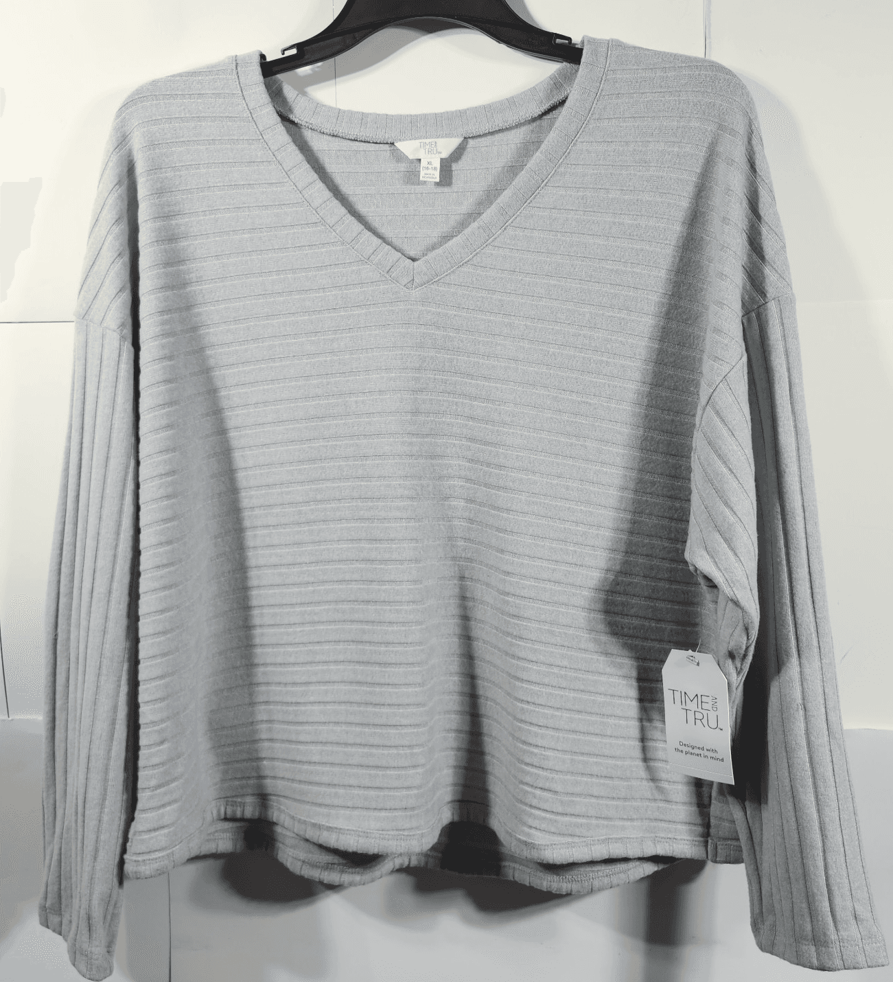 Time and Tru Women's XL Shirt Ribbed Hacci V-neck Top Gray NEW - Thumbnail 5