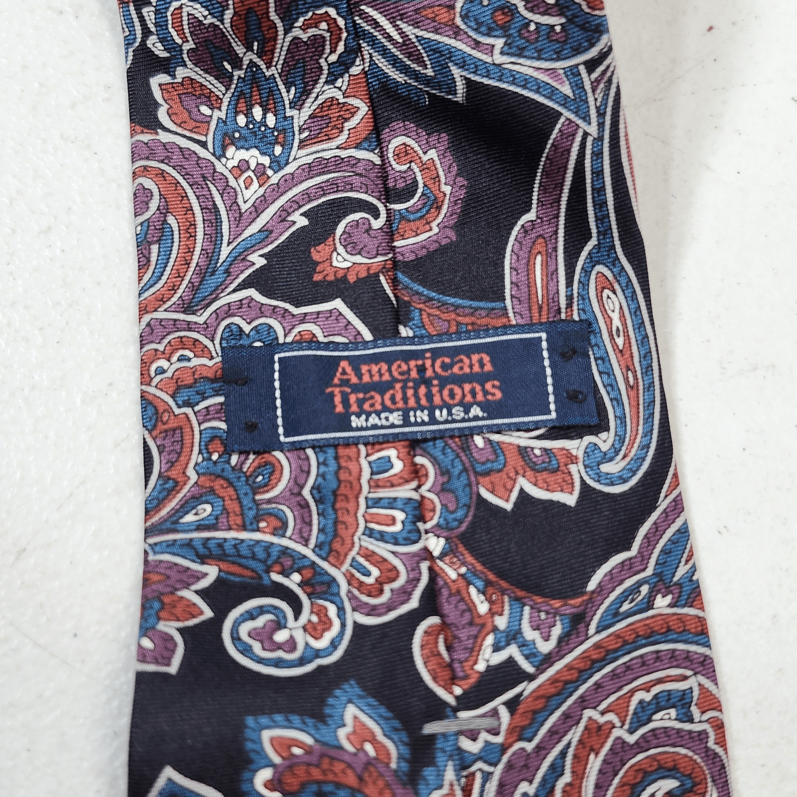 American Traditions Mens Tie Silk Necktie Black Red White Blue 59" x 3.75" - Thumbnail 3