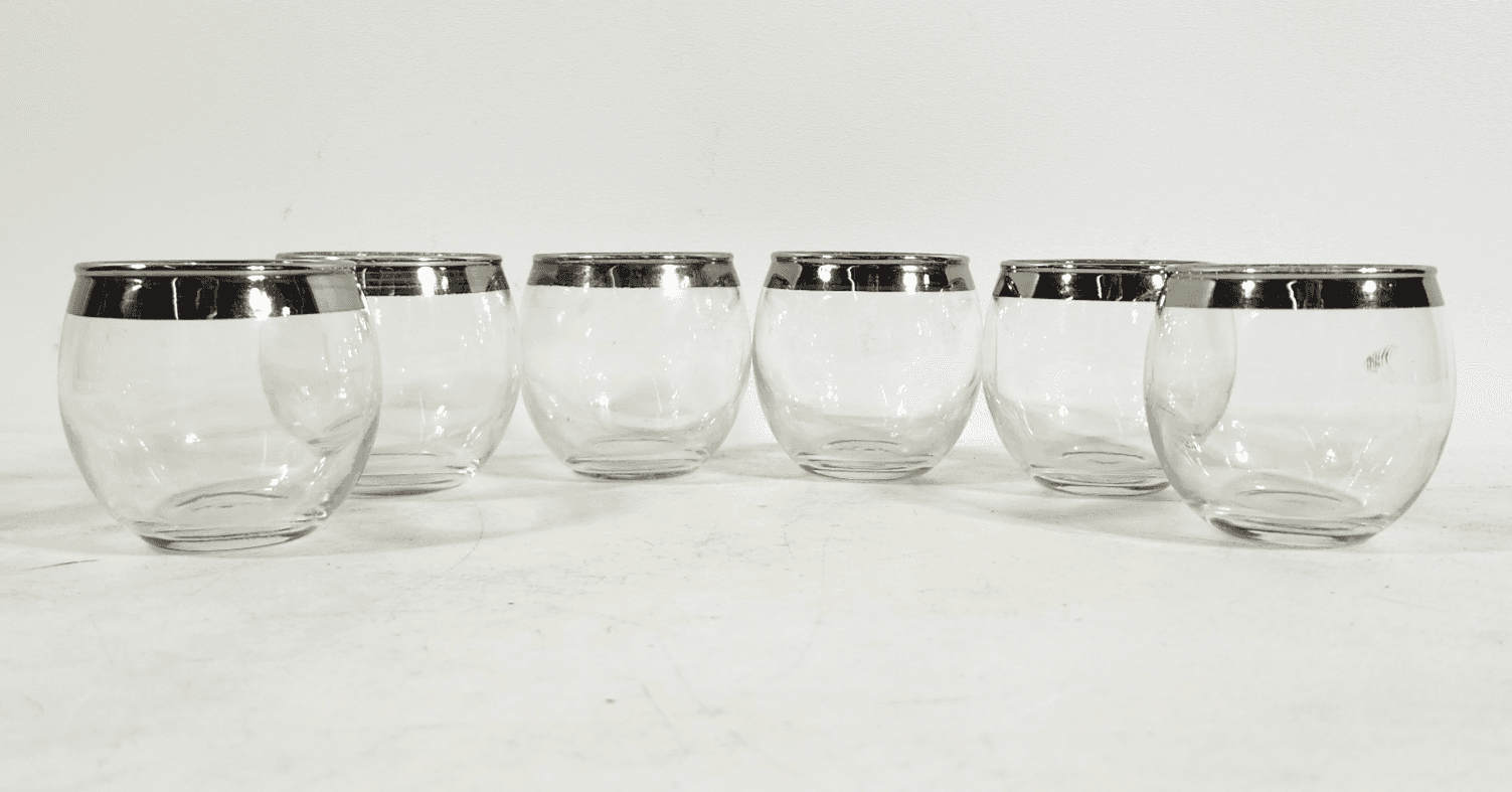 Vintage Dorothy Thorpe Silver Band Roly Poly Glass Set Of 6 Cups MCM Bar Decor - Thumbnail 2