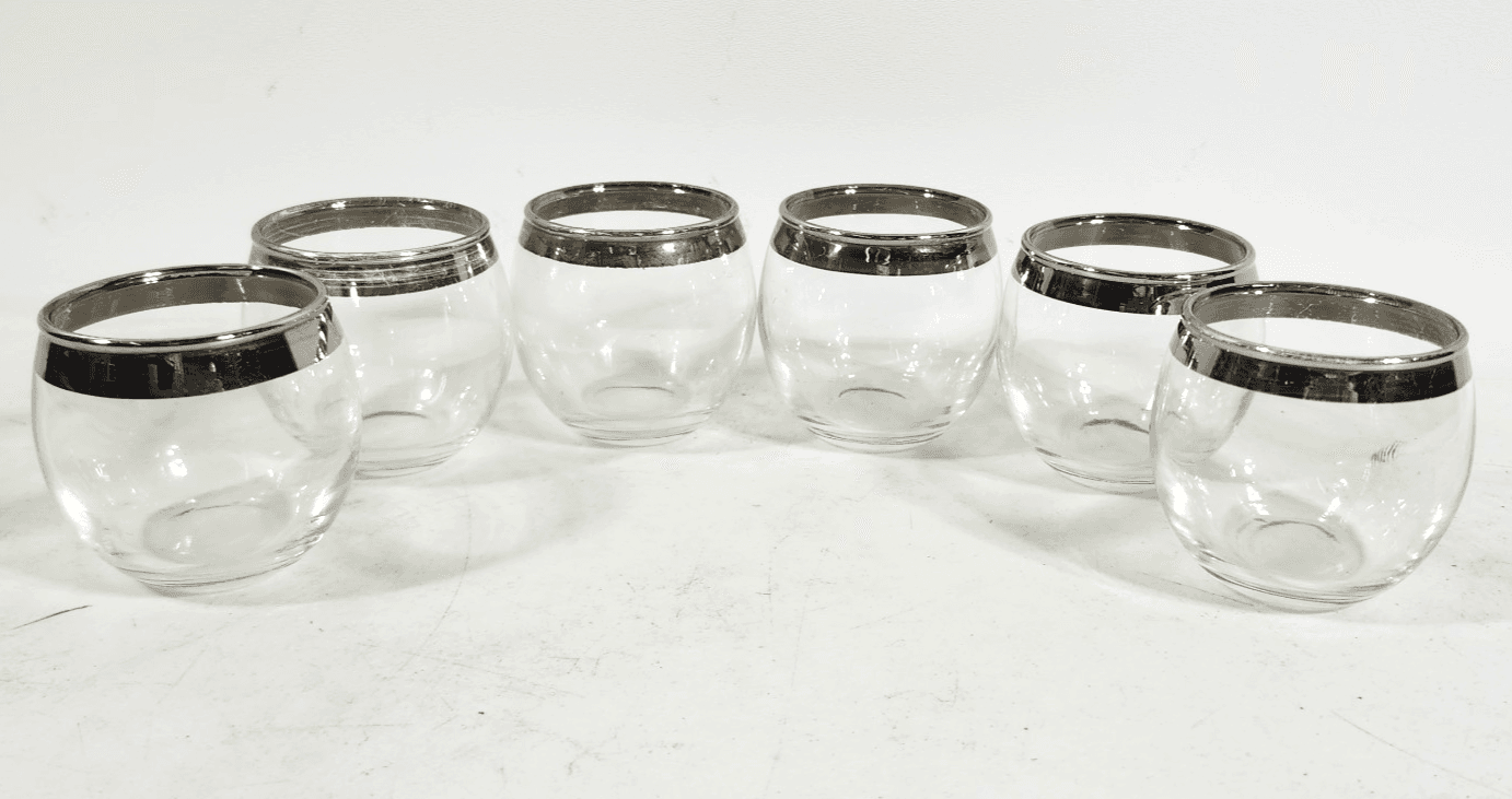 Vintage Dorothy Thorpe Silver Band Roly Poly Glass Set Of 6 Cups MCM Bar Decor