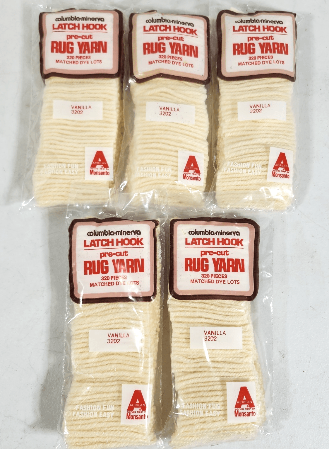 Lot Of Columbia Minerva Latch Hook Pre-Cut Rug Yarn Packs Vanilla 3202