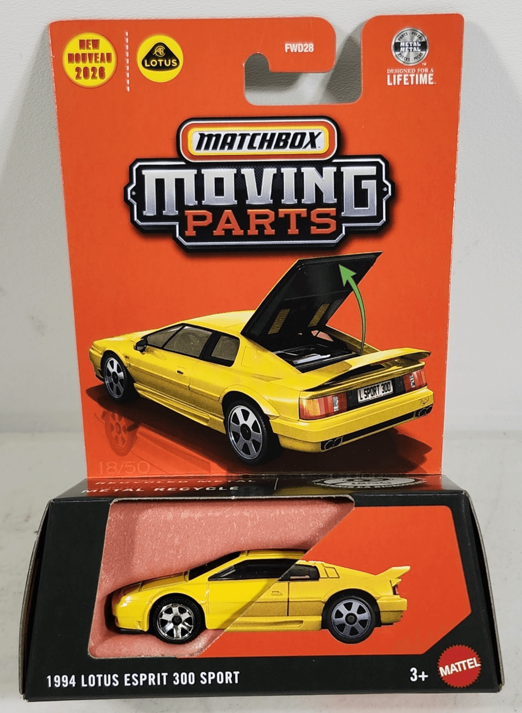 2026 Matchbox 1994 Lotus Esprit 300 Sport Moving Parts Yellow Car 1/64 Toy NEW