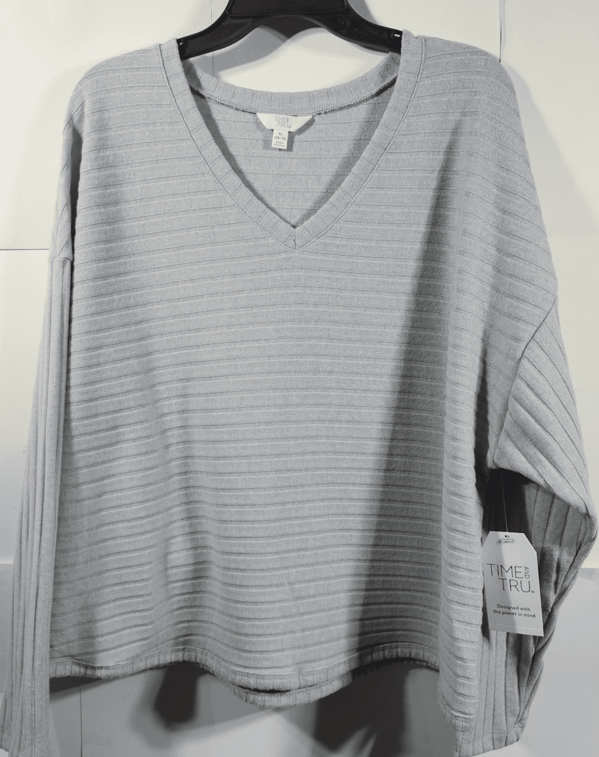 Time and Tru Women's XL Shirt Ribbed Hacci V-neck Top Gray NEW - Thumbnail 5