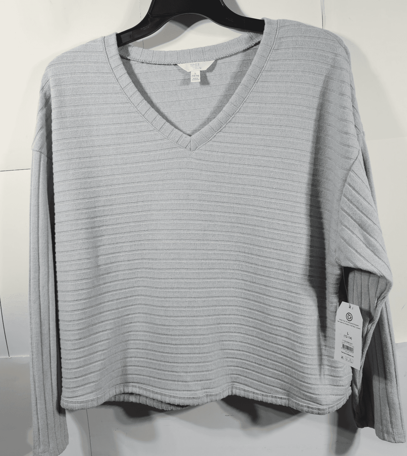 Time and Tru Women's L Shirt Ribbed Hacci V-neck Top Gray NEW - Thumbnail 5