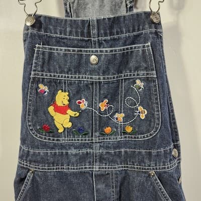 VTG Disney Medium Winnie Pooh Overalls Chasing Bees Flower Y2K Embroidered 90s - Thumbnail 3