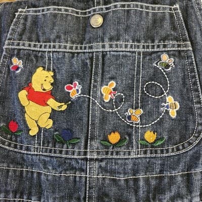 VTG Disney Medium Winnie Pooh Overalls Chasing Bees Flower Y2K Embroidered 90s - Thumbnail 7