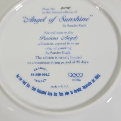Angel Of Sunshine Plate By Sandra Kuck Reco 1994 Bradford Exchange 7.5" - Thumbnail 7