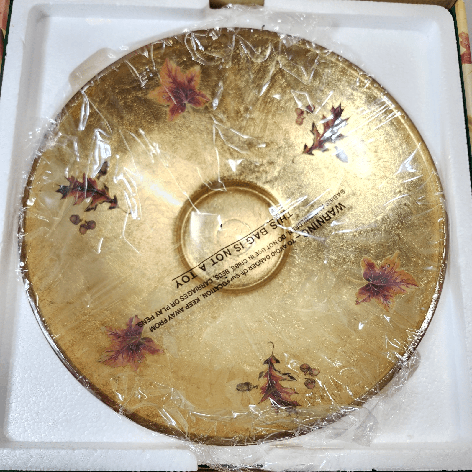 IMS Fall Leaves Gold Glass Bowl Foil Look 11.5" Home Decor NEW - Thumbnail 3