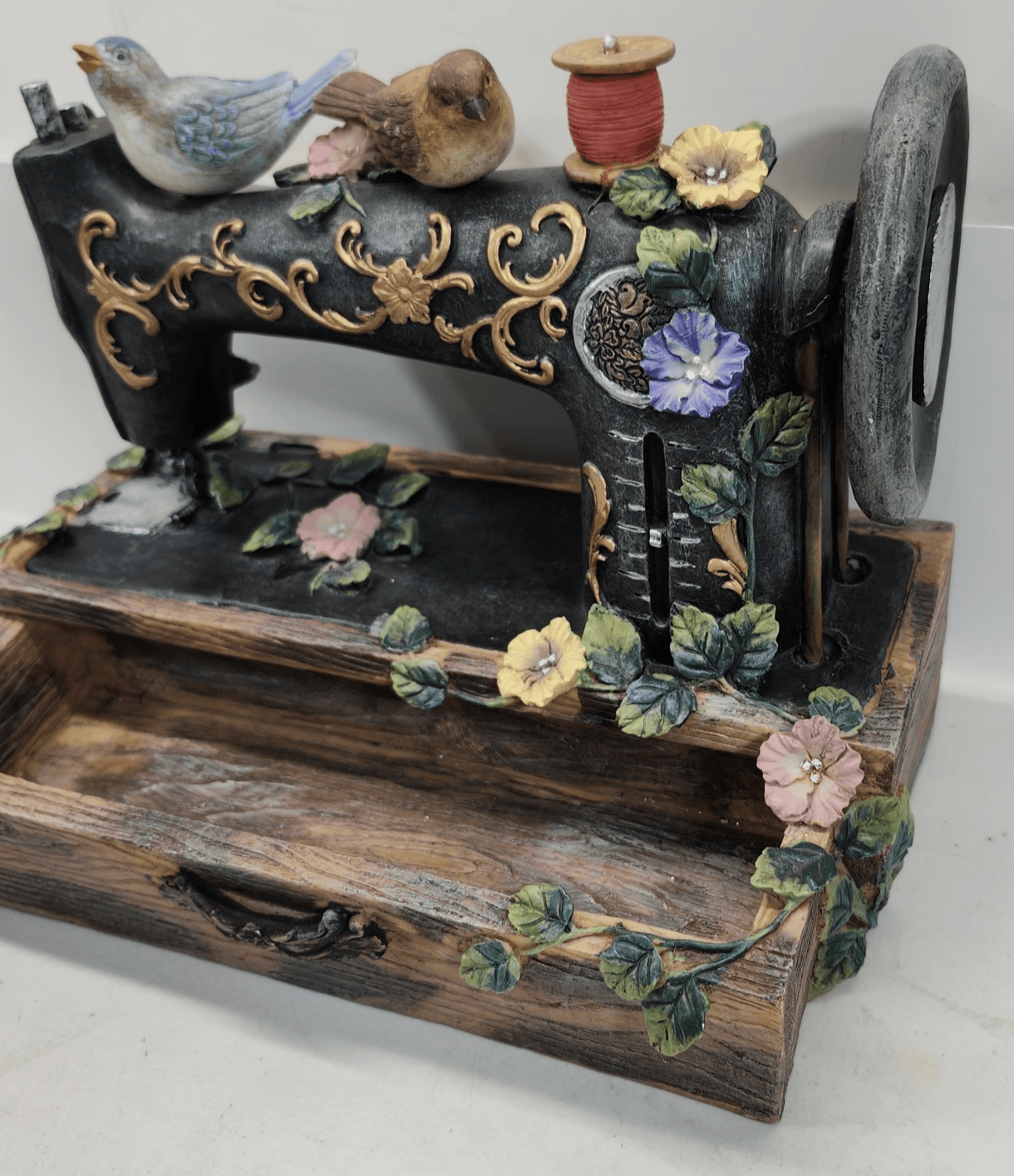 Antique Sewing Machine Display Floral Bird Theme Storage Tray Home Decor - Thumbnail 4