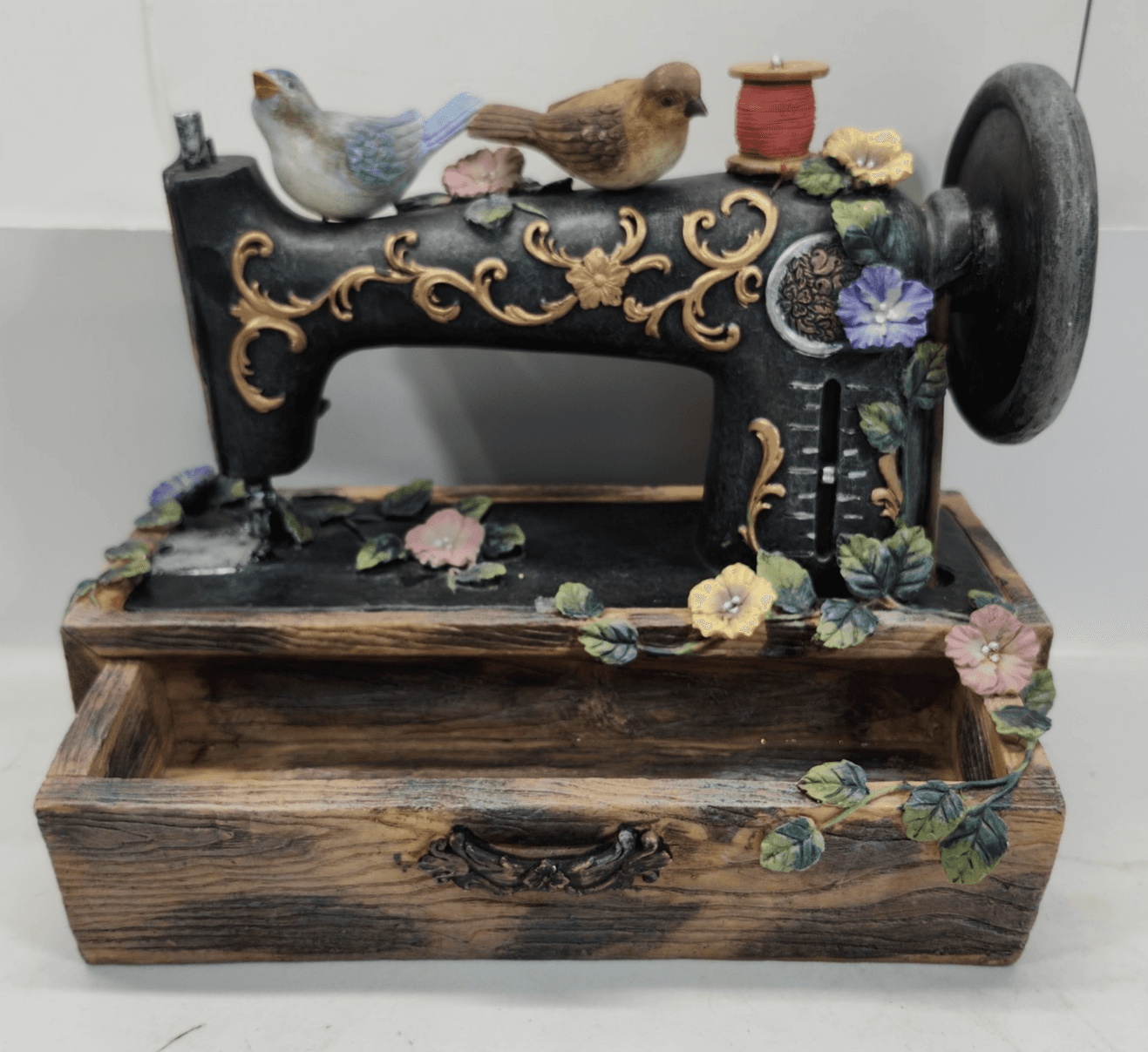 Antique Sewing Machine Display Floral Bird Theme Storage Tray Home Decor - Thumbnail 2