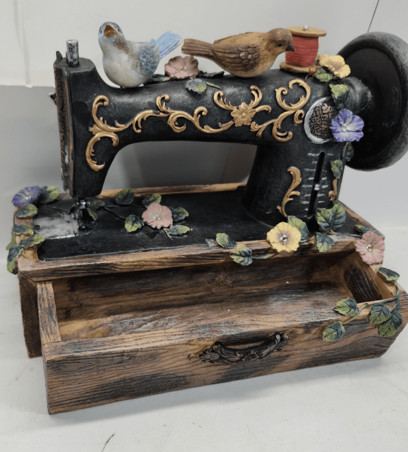 Antique Sewing Machine Display Floral Bird Theme Storage Tray Home Decor - Thumbnail 3