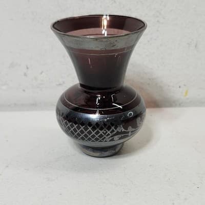 Vintage Venetian Light Purple With Silver Overlay 3.25" Bud Blown Vase - Thumbnail 6