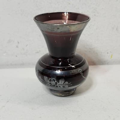 Vintage Venetian Light Purple With Silver Overlay 3.25" Bud Blown Vase - Thumbnail 5