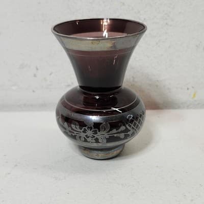 Vintage Venetian Light Purple With Silver Overlay 3.25" Bud Blown Vase - Thumbnail 7