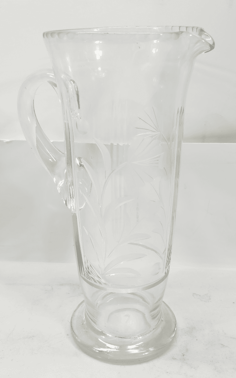 Vintage Glass Pitcher with Etched Leaves 10.75" Tall - Thumbnail 5