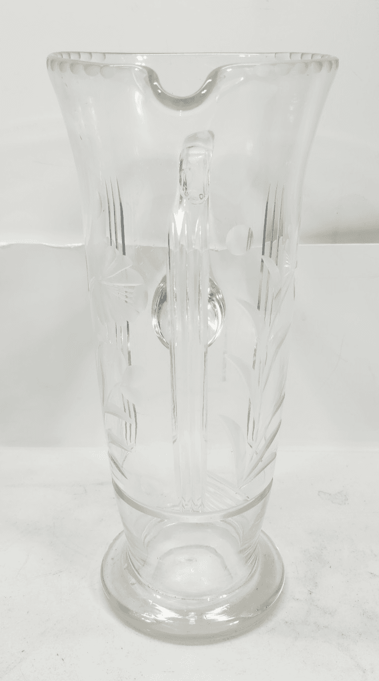 Vintage Glass Pitcher with Etched Leaves 10.75" Tall - Thumbnail 6