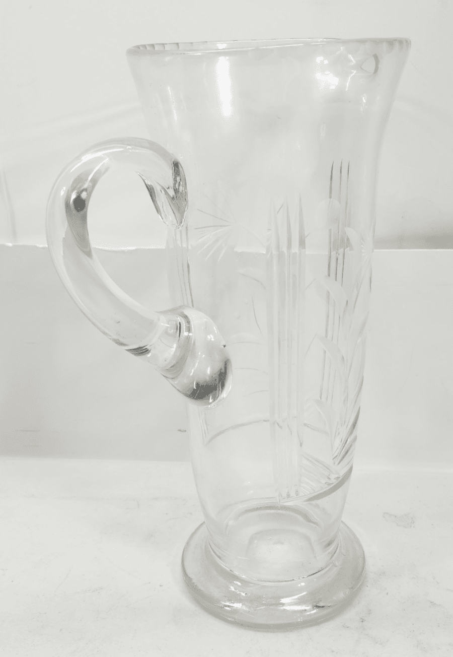 Vintage Glass Pitcher with Etched Leaves 10.75" Tall - Thumbnail 4