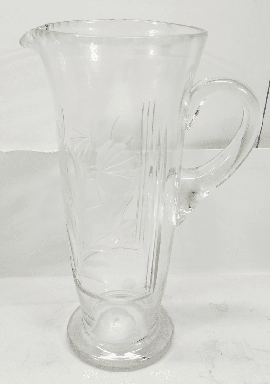 Vintage Glass Pitcher with Etched Leaves 10.75" Tall - Thumbnail 2
