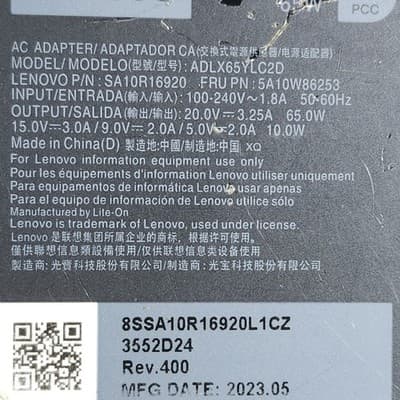 Lenovo 65W AC Adapter ADLX65YDC2D USB-C Charger w/ Power Cord - Thumbnail 5