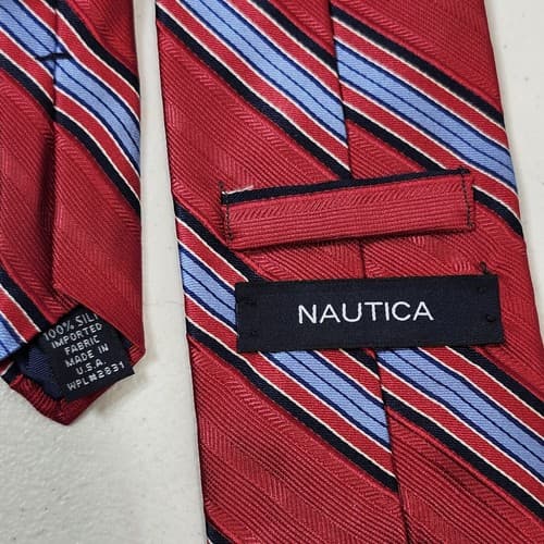 Nautica Mens Tie Red Blue Striped 100% Silk Necktie Made In USA - Thumbnail 4
