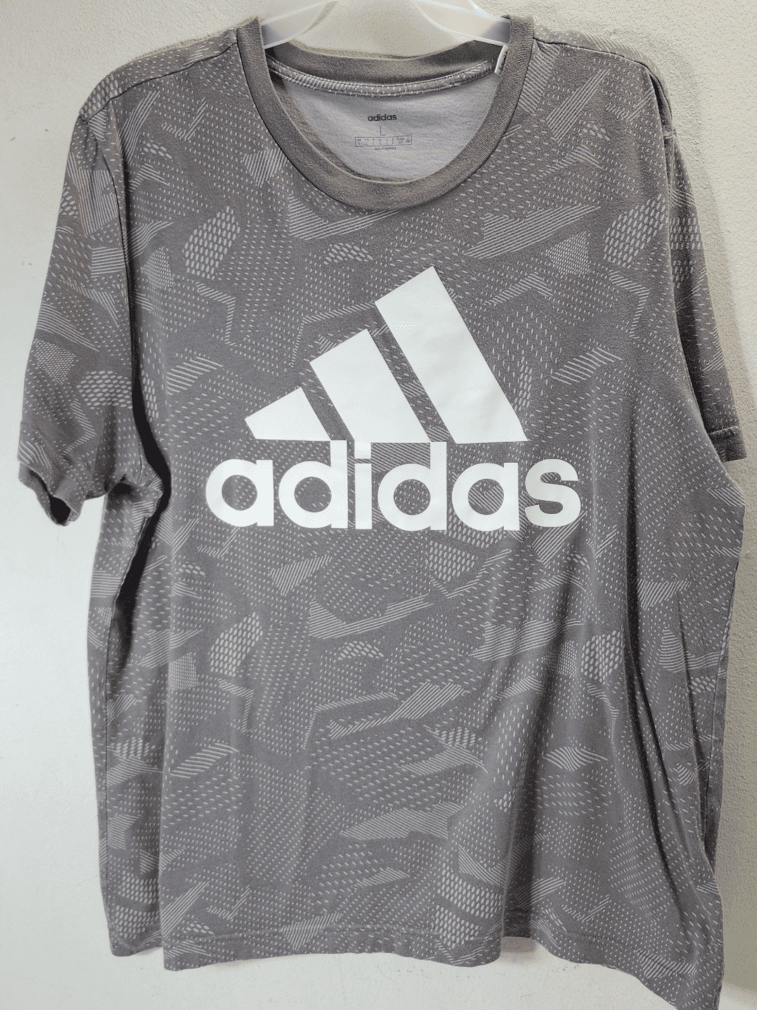 Adidas Men's L T-Shirt Gray Short Sleeve Top Essential Allover Print
