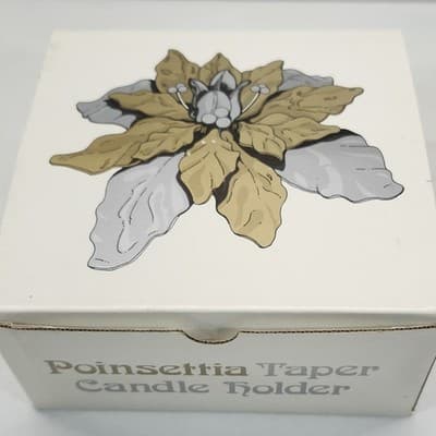 Dept 56 Christmas Poinsettia Taper Gold Silver Shiny Metal Holiday Candle Holder - Thumbnail 4
