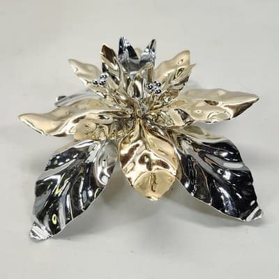 Dept 56 Christmas Poinsettia Taper Gold Silver Shiny Metal Holiday Candle Holder - Thumbnail 7