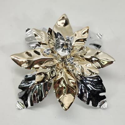 Dept 56 Christmas Poinsettia Taper Gold Silver Shiny Metal Holiday Candle Holder - Thumbnail 8