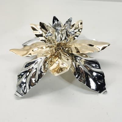 Dept 56 Christmas Poinsettia Taper Gold Silver Shiny Metal Holiday Candle Holder - Thumbnail 9