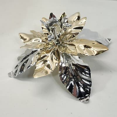 Dept 56 Christmas Poinsettia Taper Gold Silver Shiny Metal Holiday Candle Holder - Thumbnail 6