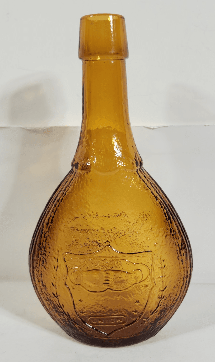 Vintage Amber Brown Glass Union and Eagle Fluted 9 inch Bottle Home Bar Decor - Thumbnail 2