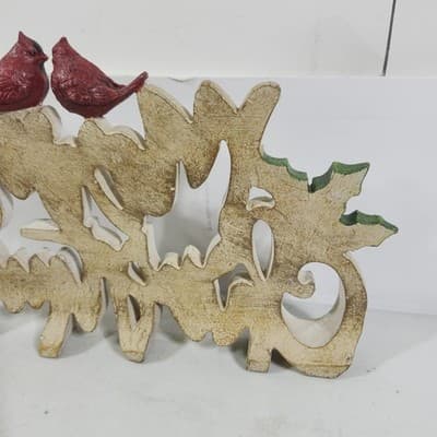 12" Resin Holly Merry Christmas Table Or Shelf Piece W/ 2 Red Cardinals Classic - Thumbnail 10