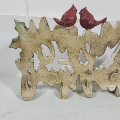 12" Resin Holly Merry Christmas Table Or Shelf Piece W/ 2 Red Cardinals Classic - Thumbnail 9