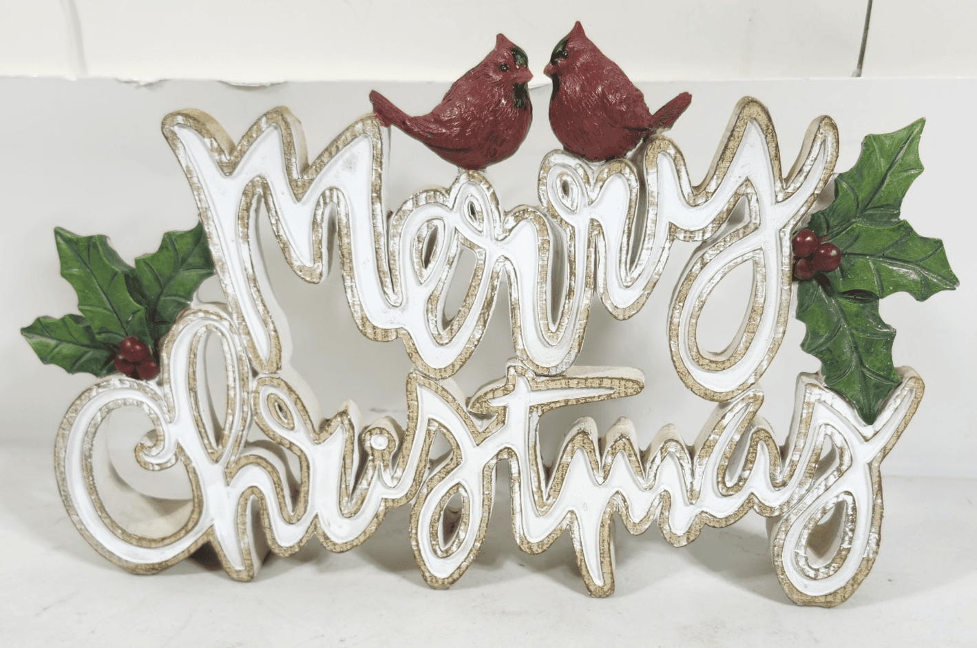 12" Resin Holly Merry Christmas Table Or Shelf Piece W/ 2 Red Cardinals Classic - Thumbnail 2