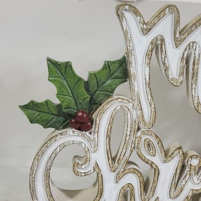 12" Resin Holly Merry Christmas Table Or Shelf Piece W/ 2 Red Cardinals Classic - Thumbnail 5
