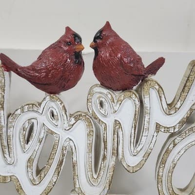 12" Resin Holly Merry Christmas Table Or Shelf Piece W/ 2 Red Cardinals Classic - Thumbnail 3