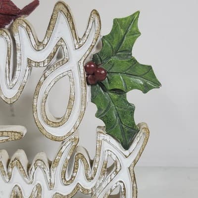 12" Resin Holly Merry Christmas Table Or Shelf Piece W/ 2 Red Cardinals Classic - Thumbnail 4