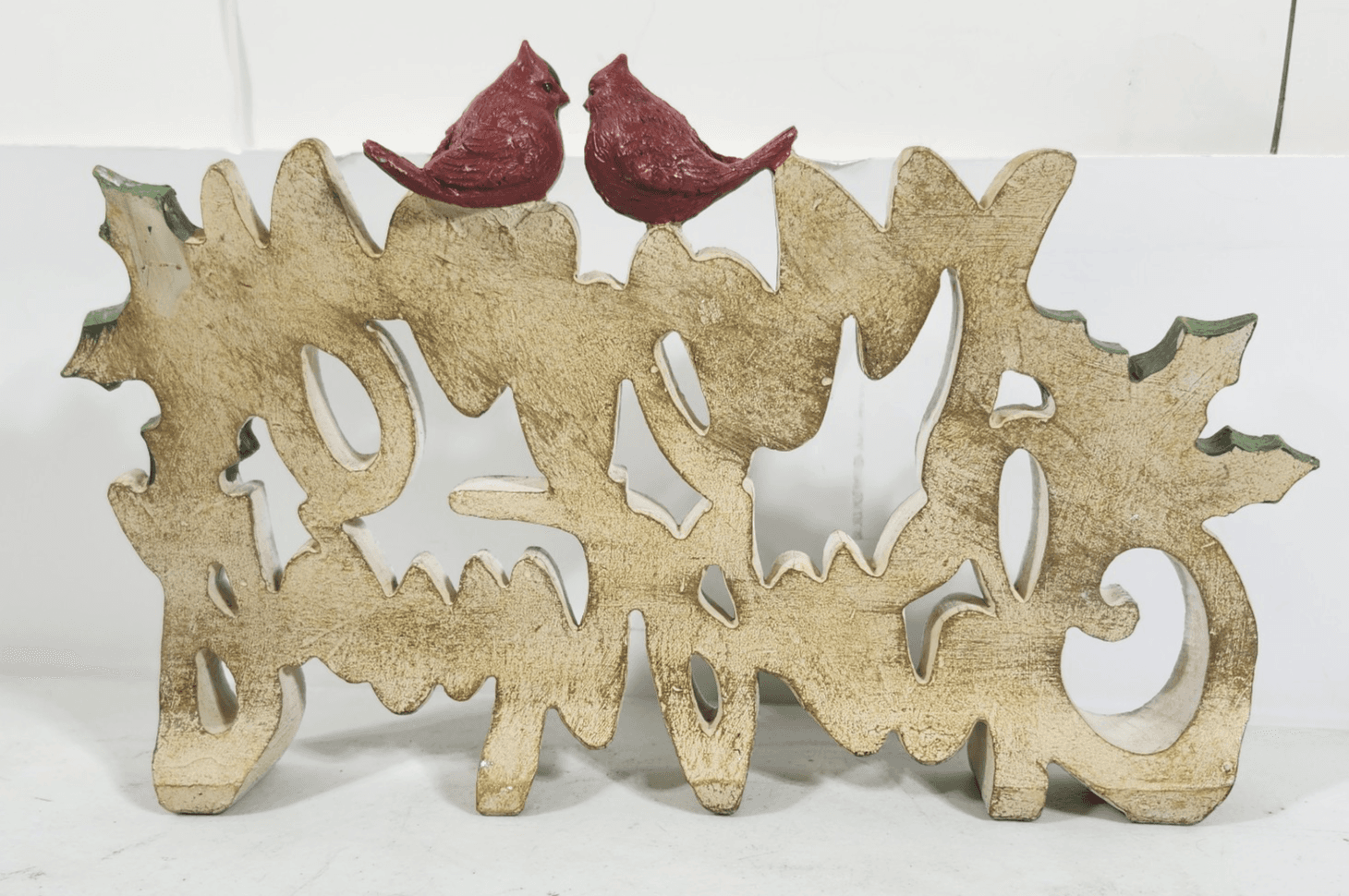12" Resin Holly Merry Christmas Table Or Shelf Piece W/ 2 Red Cardinals Classic - Thumbnail 8