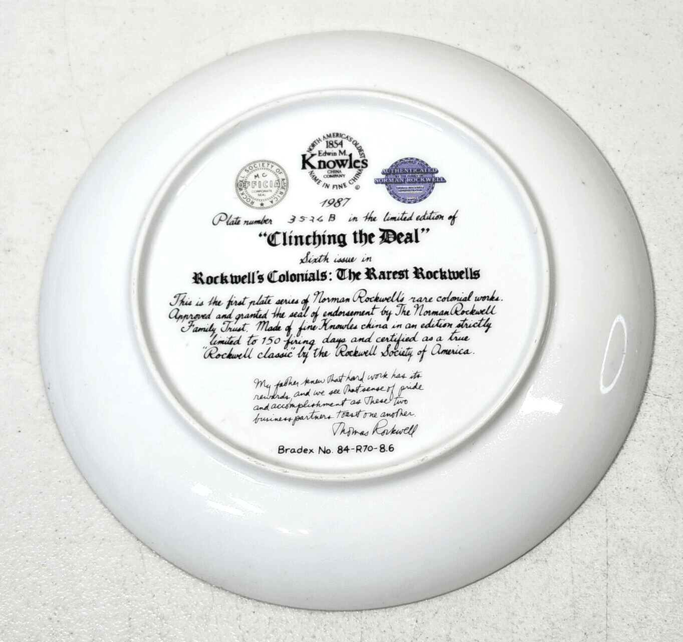 Rockwell's Colonials Series Collector Plate "Clinching The Deal" 1987 #5695B - Thumbnail 6