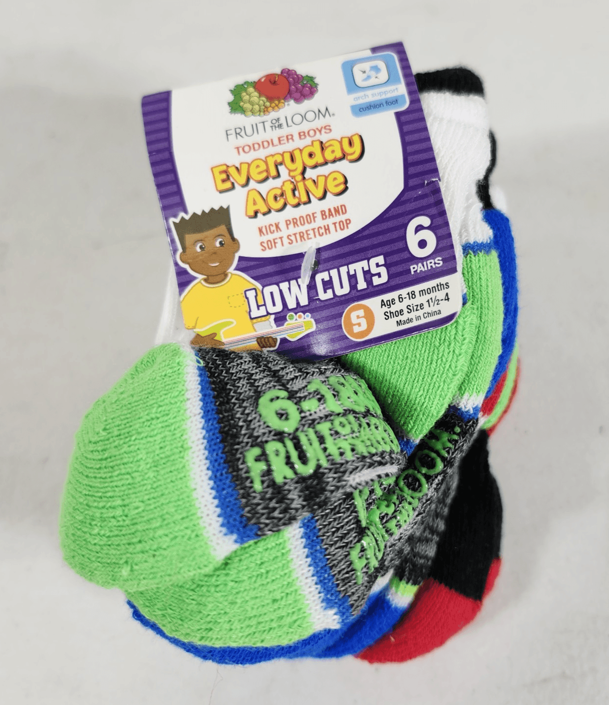Fruit Of The Loom Toddler Low Cuts Boys Socks 6-Pack Size Small 1.5-4 NEW - Thumbnail 2