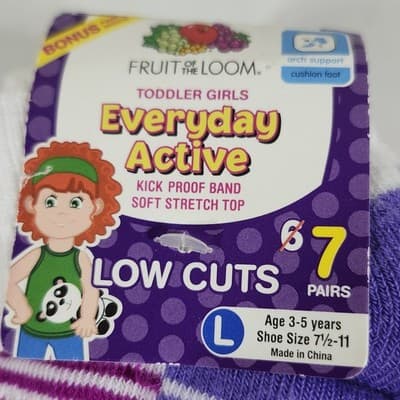Fruit Of The Loom Toddler Low Cuts Girls Socks 7-Pack Size Large 7.5-11 NEW - Thumbnail 3