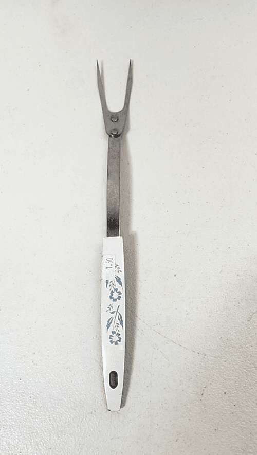 Vtg Meat Fork 2 Wide Prong 12" Blue Flowers Handle USA Made Stainless Steel - Thumbnail 10