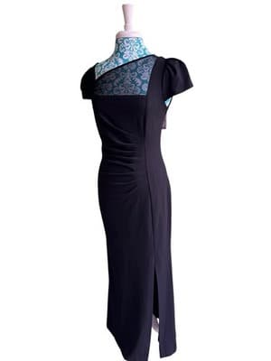 Vintage DKNY Black Y2K Maxi Dress Long Puffed Sleeves Stretchy Evening Gown Sz 4 - Thumbnail 2