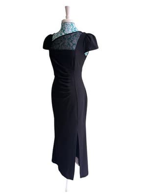 Vintage DKNY Black Y2K Maxi Dress Long Puffed Sleeves Stretchy Evening Gown Sz 4 - Thumbnail 4