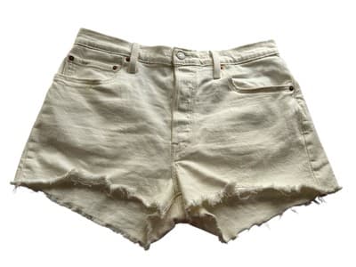 Cream LEVIS Cut Off 501 Denim Jean Shorts Button Fly Distressed Fringe 32 - Thumbnail 2