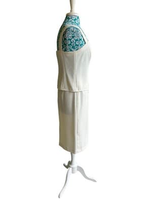 Vintage Womens Skirt Suit Pearl & Sequin Camisole Tank Top Embroidered Pink Aqua - Thumbnail 11