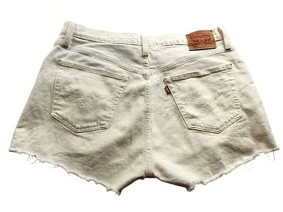 Cream LEVIS Cut Off 501 Denim Jean Shorts Button Fly Distressed Fringe 32 - Thumbnail 3