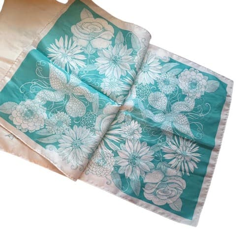 Vintage Aqua Floral Long Scarf Daisy Roses Dreamy 1980’s Sash Whimsical Romance - Thumbnail 4
